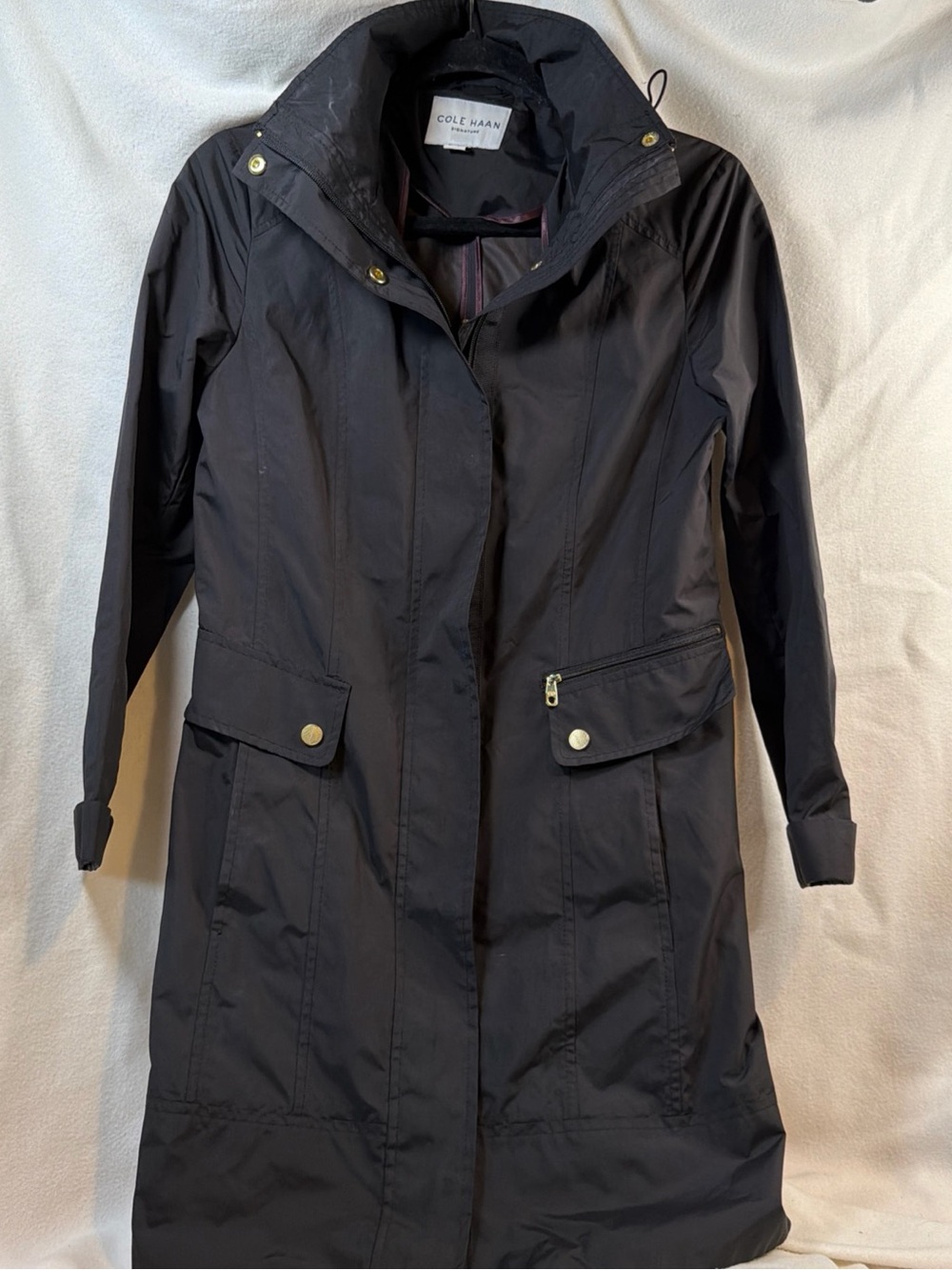 Cole Haan Signature Womens Hooded Rain Trench Coat Black Gold Hardware Sz XS